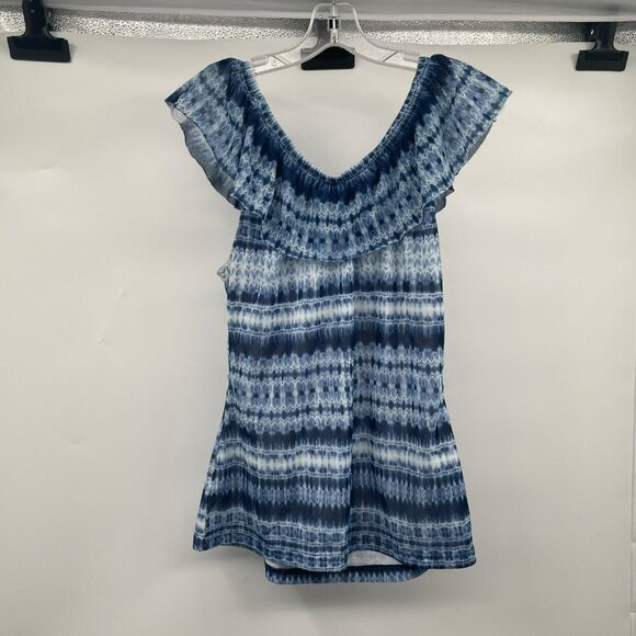 Chaps Womens Off Shoulder Top Blue/Multi Striped Size 1X Sheer - Picture 7 of 8